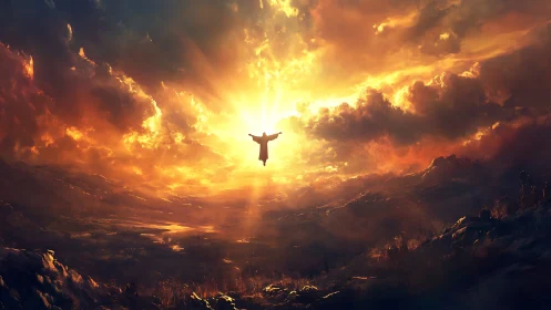 Silhouetted robed figure rising into radiant sunset sky.