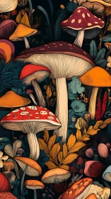 Enchanted forest mushrooms glow amid rich autumn foliage.