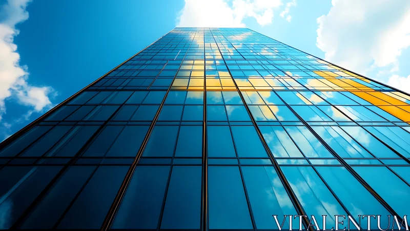 Skyward glass tower glowing with sunlit reflections above.