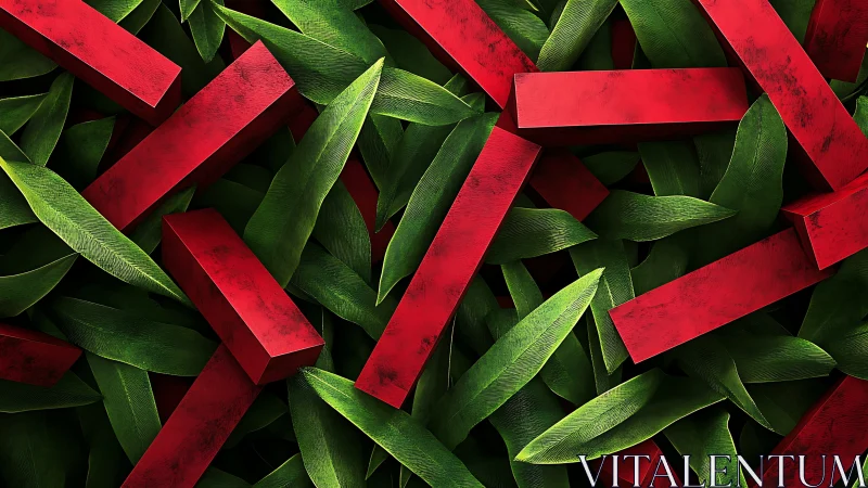Bold red blocks resting in a lush tangle of green leaves.
