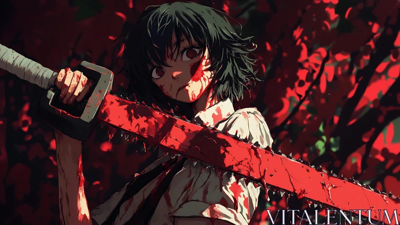 Crimson chainsaw hums while quiet fury stares back