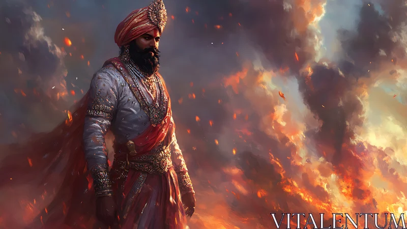 Regal warrior in ornate robes stands amid swirling firestorm