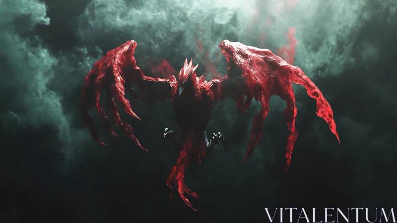 Volumetric-rendered crimson wraith bird emerging from stormclouds.