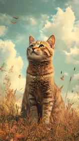 Orange Tabby Cat Gazes Skyward in Golden Meadow.
