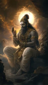 Bearded seated figure in ornate attire sits before bright halo