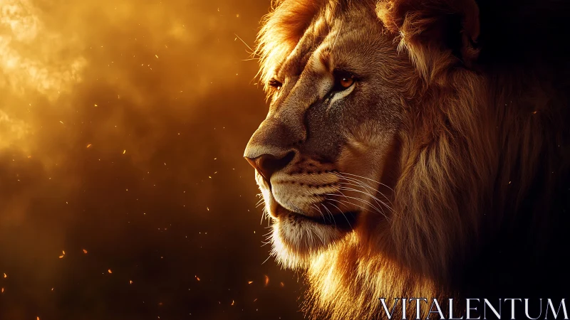 Golden light crowns a regal lion in a warm evening glow