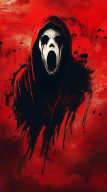 Hooded spectral scream on blood-red abstract field.