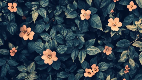 Peach Blossoms Against Deep Teal Foliage: Botanical Overhead Composition.