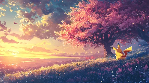 Pikachu watching a dreamy sunset under pink blossom trees.