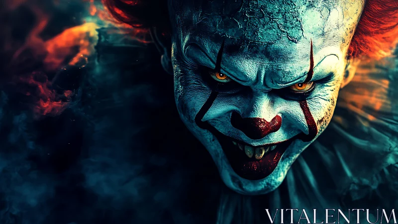 Sinister clown lunges forward with glowing demonic stare