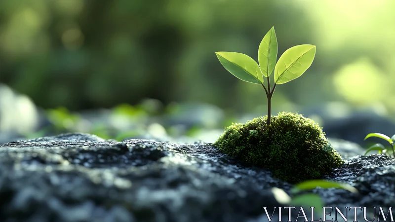 Young plant sprout growing from moss in soft sunlight, nature style.