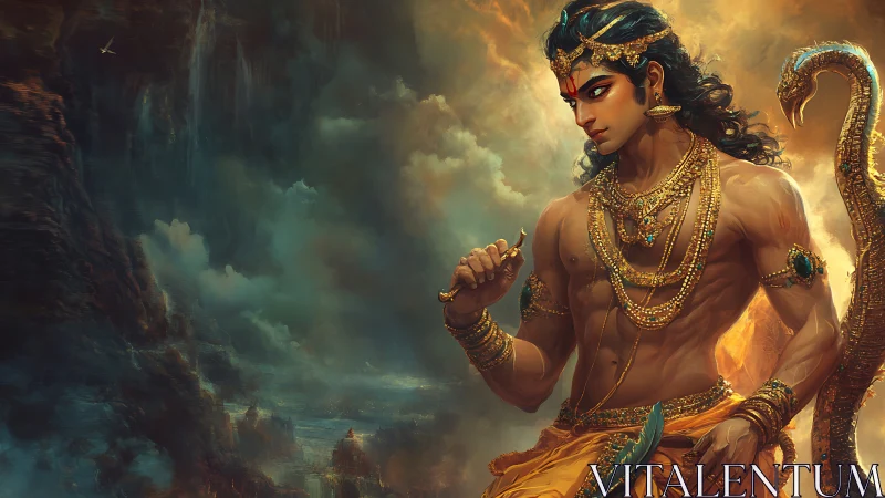 Mythic warrior prince in golden stormlit fantasy landscape.