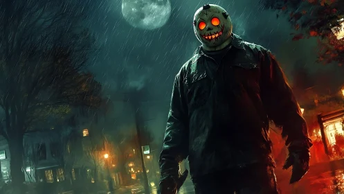 Masked slasher under moonlit rain with glowing red eyes