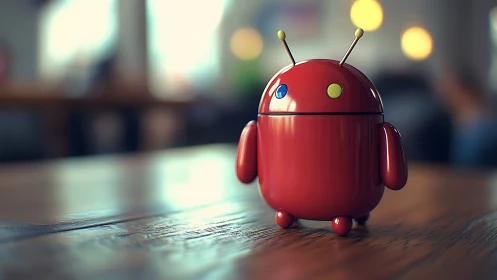 Red glossy toy robot stands on wooden table indoors