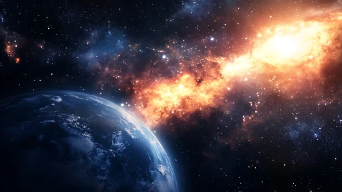 Earth limb and dense stellar field under luminous nebula