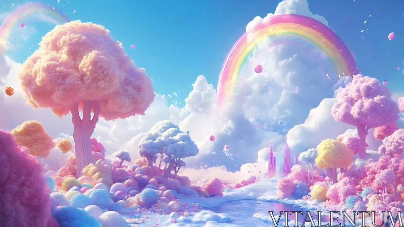Candy cloud forest shimmers beneath a glowing pastel rainbow