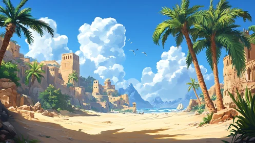 Coastal desert settlement with palm trees and distant sea.