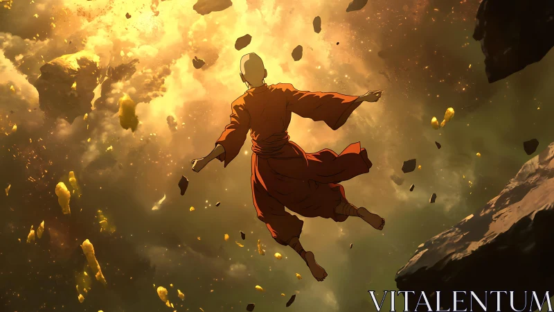 Monk figure levitates through luminous debris in turbulent nebula