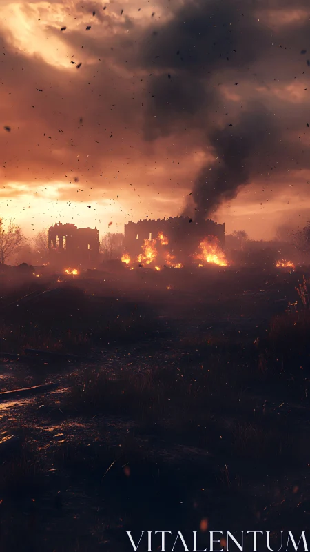 Apocalyptic Wasteland with Burning Fortress at Dusk.