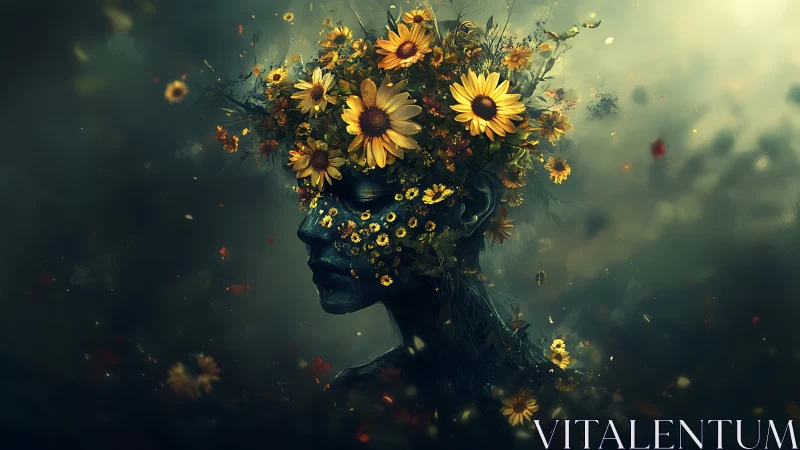 Human profile silhouette with dense yellow floral headpiece.