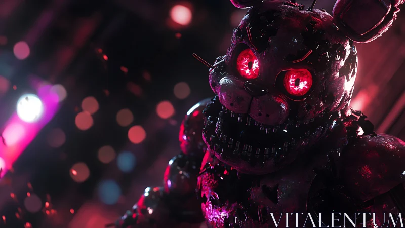 Sinister animatronic bear glows with vivid neon menace.