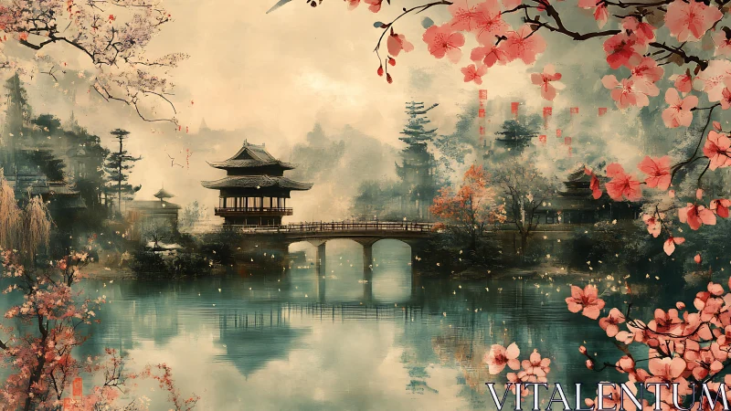 Serene pagoda bridge within misty cherry blossom valley.