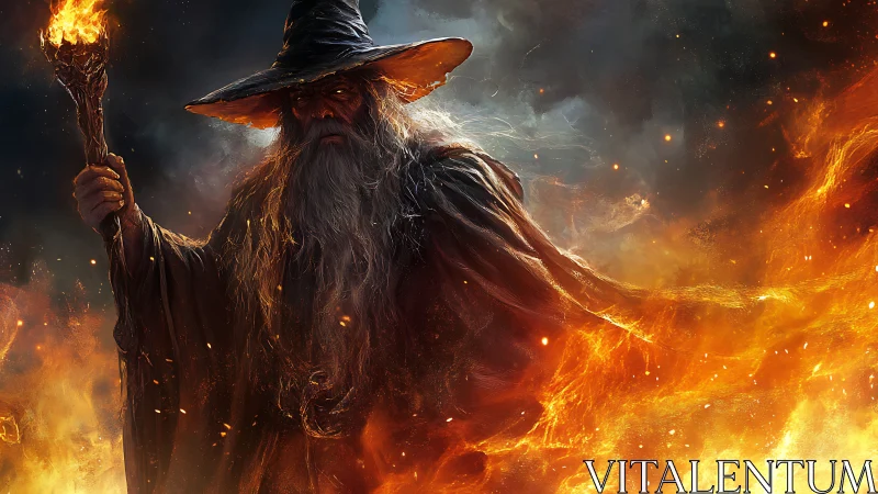 Elderly fire mage with staff controls swirling inferno dynamics