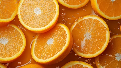 Orange slices in liquid surface with visible juice bubbles.