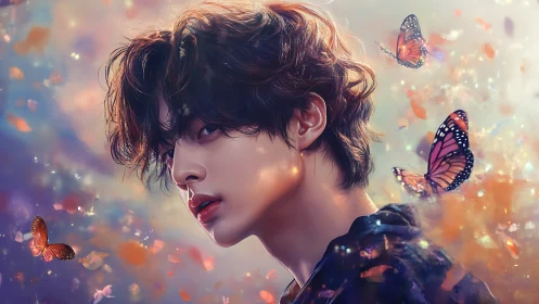 Ethereal portrait with butterflies and luminous bokeh glow.
