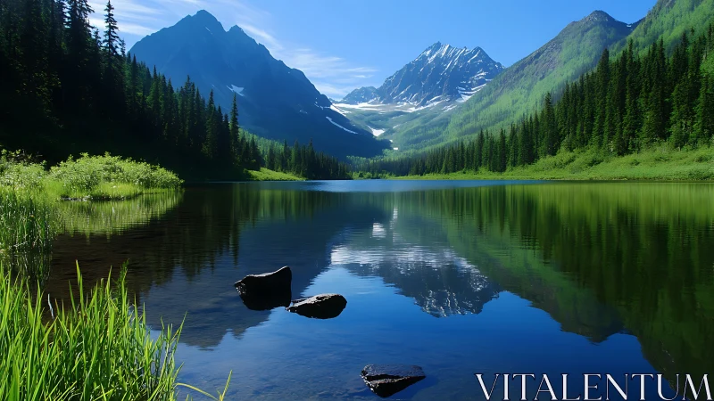 Mountain lake reflects snowcapped peaks in calm emerald silence.