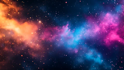 Cosmic nebula clouds glow in vivid pink, blue, and gold.