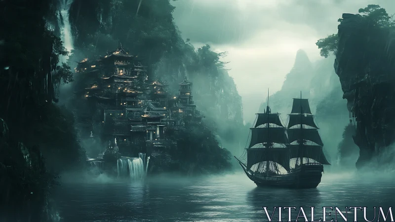 Galleon navigates misty canyon fortress