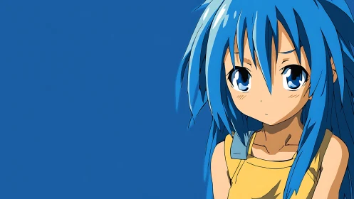 Blue haired anime girl in yellow top on solid blue.