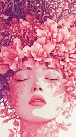 Floral portrait of serene woman in intricate pink bloom.