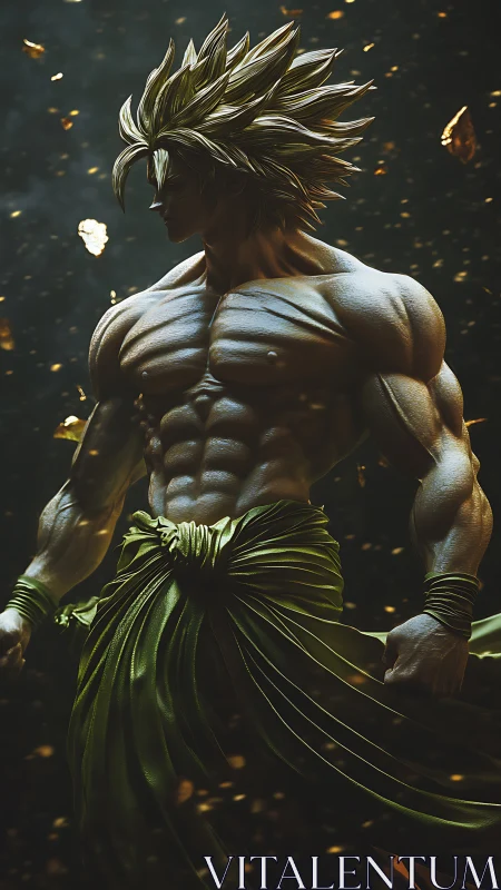 Mythic warrior stands in drifting embers, muscles hyperdefined