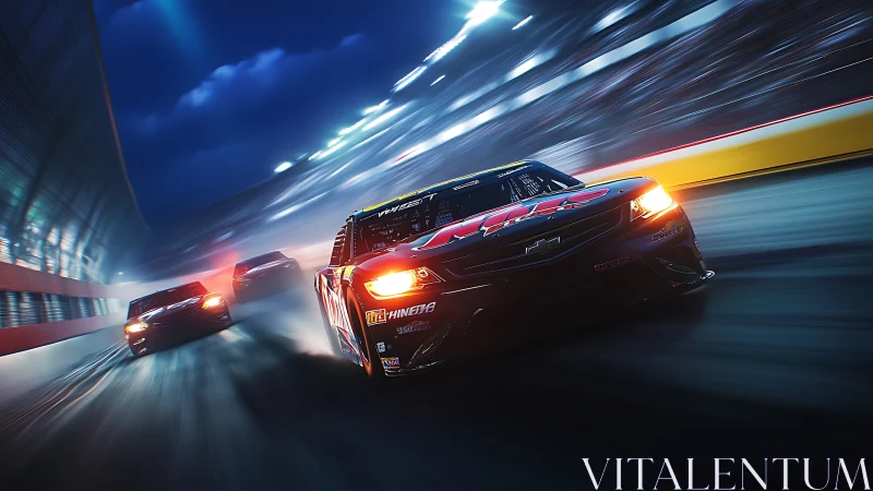 Stock cars move through a banked oval track under stadium lights