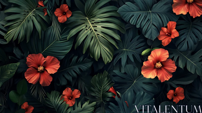 Red hibiscus flowers among tropical foliage.