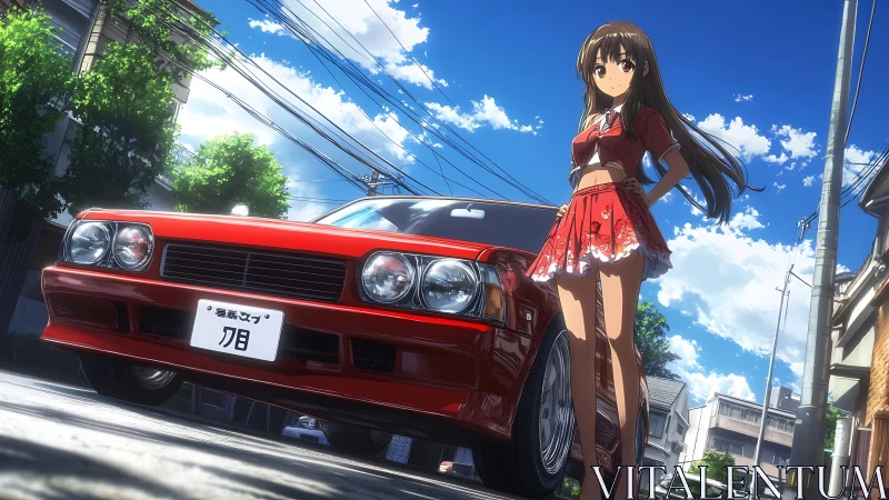 Anime street scene pairs stylish girl with red sports car.