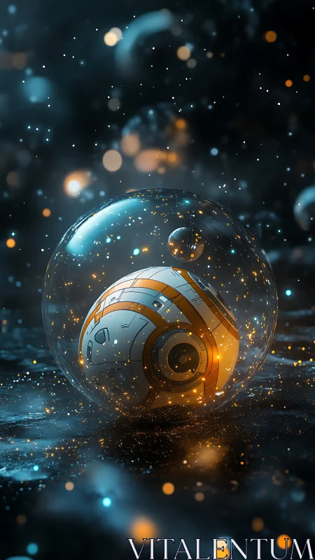 Spherical robot drifts in glowing cosmic stasis field.