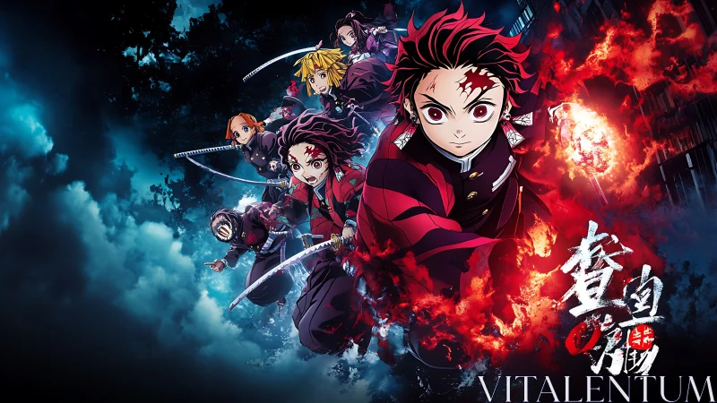 Demon slayers charge through burning night sky battlefield.