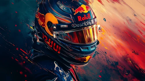 High-detail racing helmet portrait with dynamic color streaks