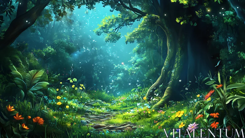 Enchanted forest clearing with luminous canopy and wildflower carpet