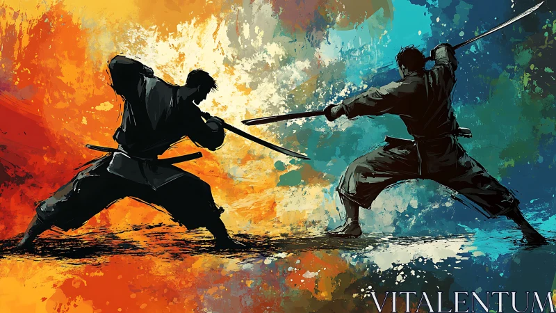Samurai duel silhouettes over split fiery and icy palette.