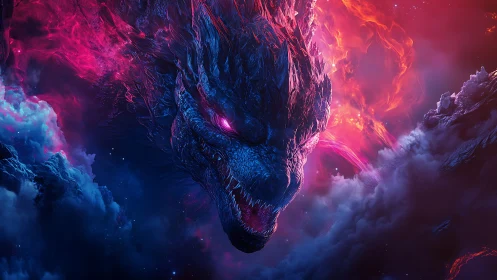 Cosmic dragon head blazing through neon storm clouds.