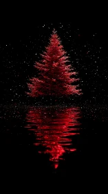 Crimson midnight Christmas tree mirrored on dark water.