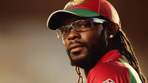 Calm cricket guardian in sunlit red and green armor.