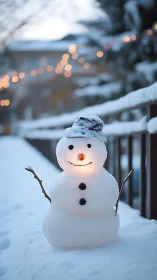 Snowman glows under soft bokeh lights in winter dusk.