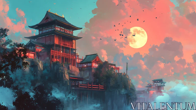 Moonlit cliffside pagodas rendered in atmospheric digital painting