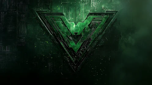 Emerald triple chevron circuit emblem in atmospheric matrix field