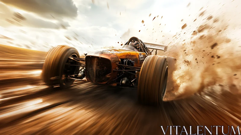 Dusty off road racer charging ahead with thrilling speed.